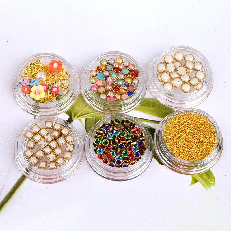 6pcs Nail Art Decoration Kit Studs Rhinestones Pearl Star Fish Butterfly Flower