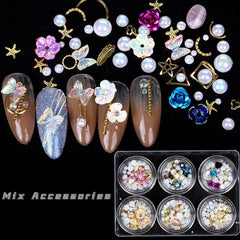 6pcs Nail Art Decoration Kit Studs Rhinestones Pearl Star Fish Butterfly Flower