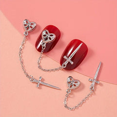 2pcs Y2K Punk Heart Longsword Nail Art Charms with Rhinestones