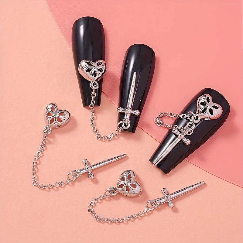 2pcs Y2K Punk Heart Longsword Nail Art Charms with Rhinestones