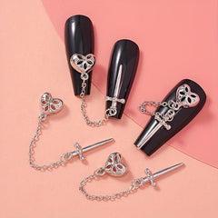 2pcs Y2K Punk Heart Longsword Nail Art Charms with Rhinestones