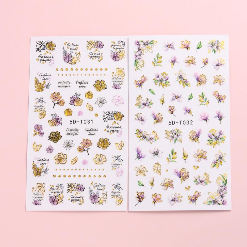 2pcs Gradient 5D Bronzing Flower Nail Stickers