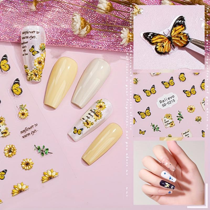 3pcs 5D Cartoon Nail Art Stickers Self Adhesive Nail Decals Butterfly Flower