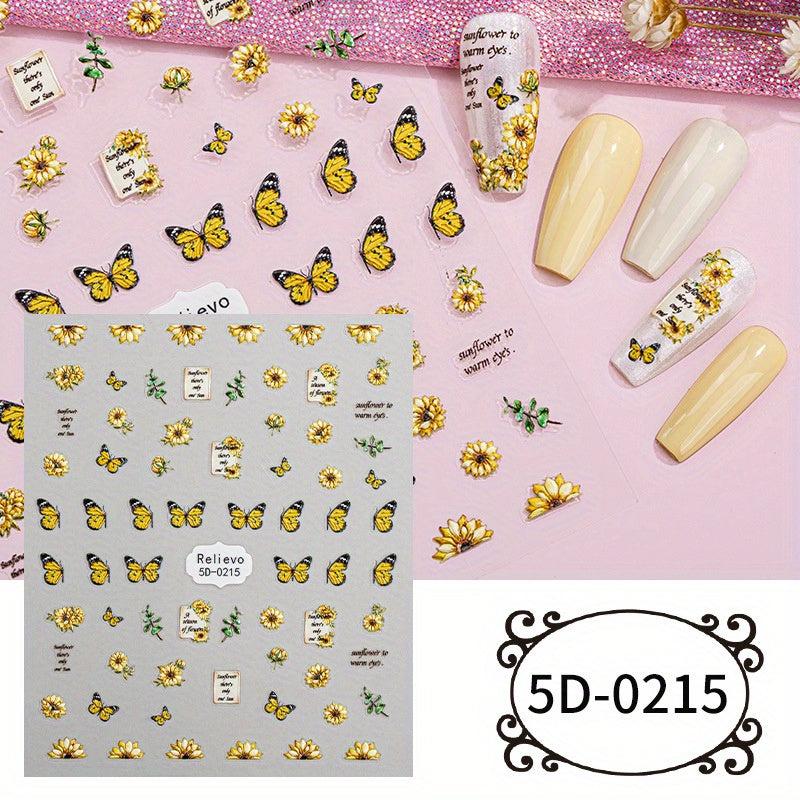 3pcs 5D Cartoon Nail Art Stickers Self Adhesive Nail Decals Butterfly Flower