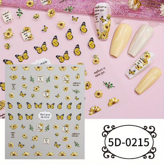 3pcs 5D Cartoon Nail Art Stickers Self Adhesive Nail Decals Butterfly Flower