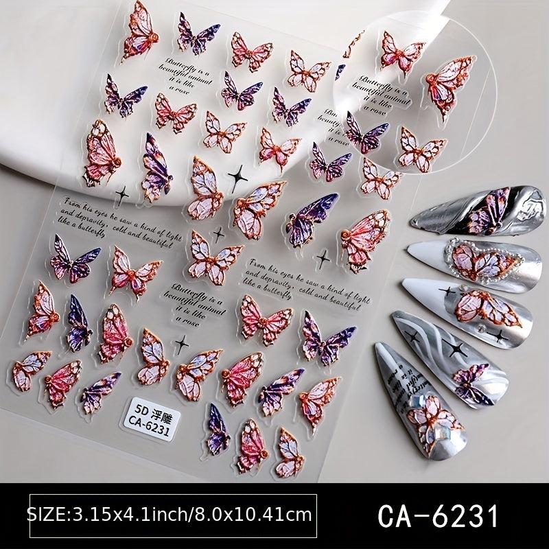 5D Embossed Nail Art Stickers - Rose Butterfly Wing Decals