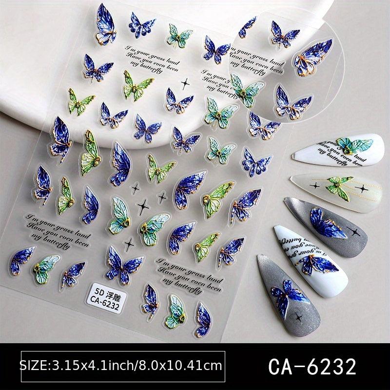 5D Embossed Nail Art Stickers - Rose Butterfly Wing Decals