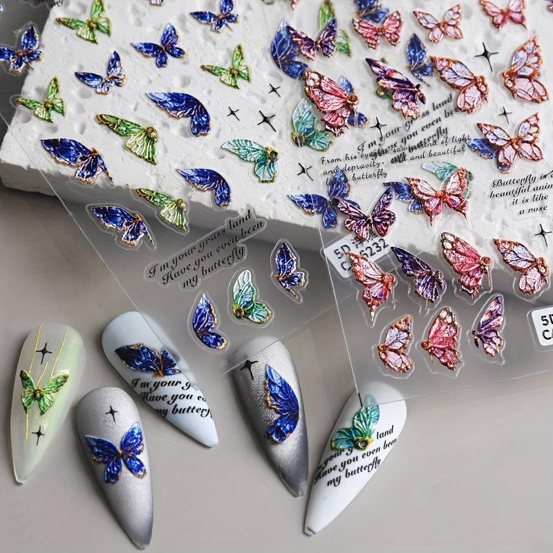 5D Embossed Nail Art Stickers - Rose Butterfly Wing Decals