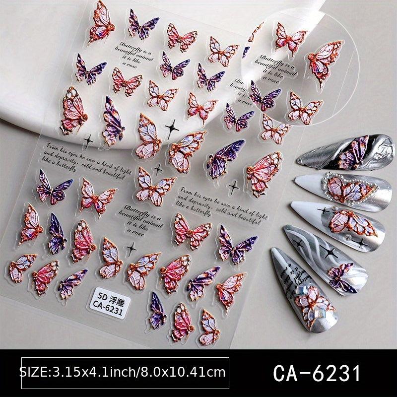 5D Embossed Nail Art Stickers - Rose Butterfly Wing Decals