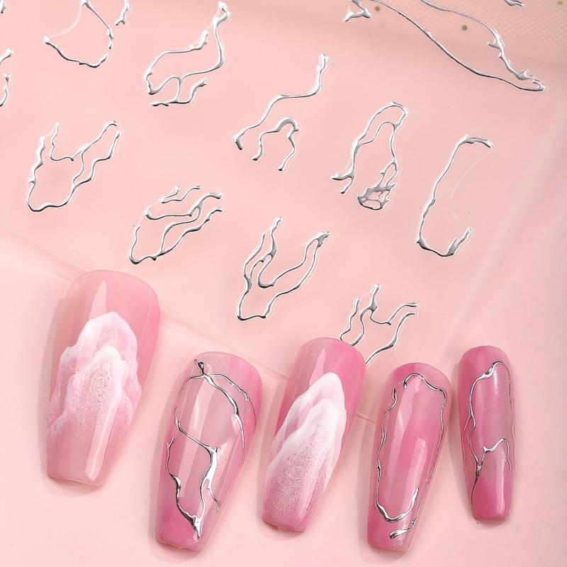 5D Embossed Nail Art Stickers Silver Wavy Stripe Flame Decals
