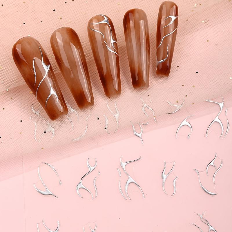 5D Embossed Nail Art Stickers Silver Wavy Stripe Flame Decals