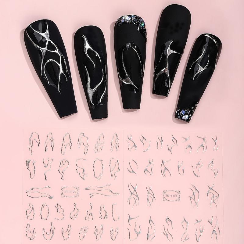 5D Embossed Nail Art Stickers Silver Wavy Stripe Flame Decals