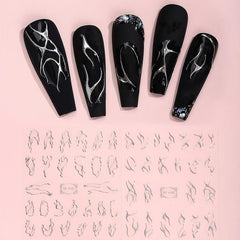 5D Embossed Nail Art Stickers Silver Wavy Stripe Flame Decals