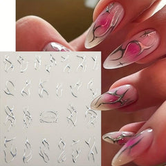 5D Embossed Nail Art Stickers Silver Wavy Stripe Flame Decals
