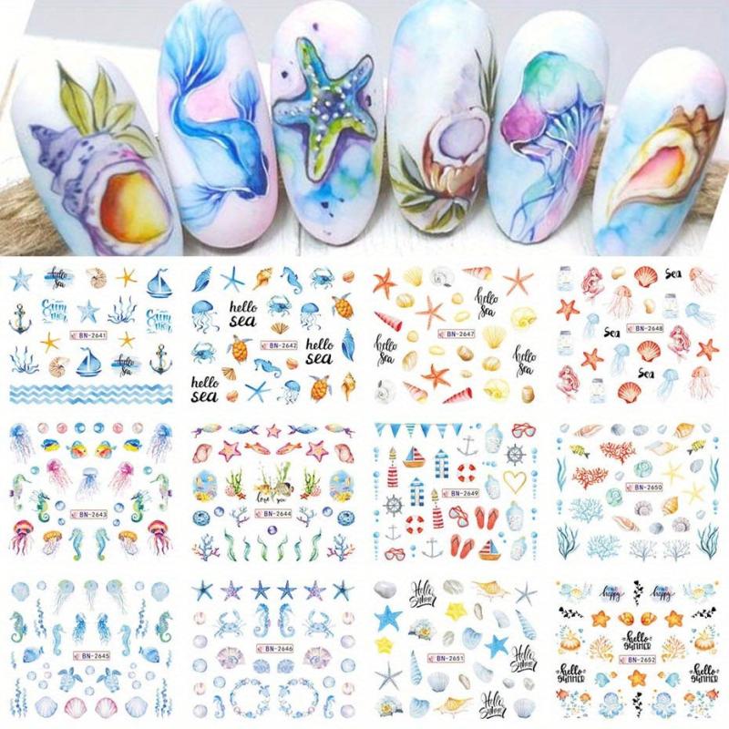 12pcs Palm Coconut Tree Nail Water Transfer Stickers Sunset Beach Manicure Decal