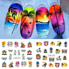 12pcs Palm Coconut Tree Nail Water Transfer Stickers Sunset Beach Manicure Decal