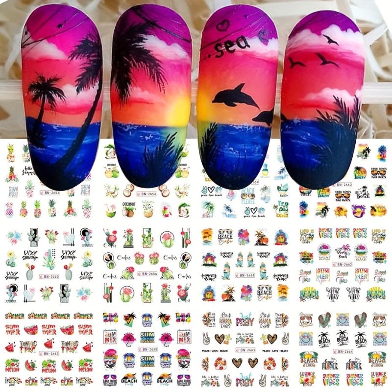 12pcs Palm Coconut Tree Nail Water Transfer Stickers Sunset Beach Manicure Decal