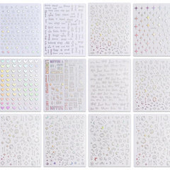 12 Sheets Glitter Holographic Nail Art Stickers Self Adhesive Decals