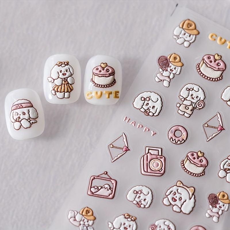 5D Embossed Dog Nail Stickers Self Adhesive Animal Nail Decals Pink