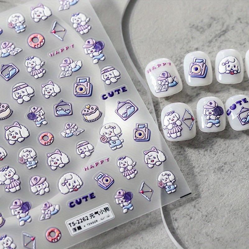 5D Embossed Dog Nail Stickers Self Adhesive Animal Nail Decals Pink