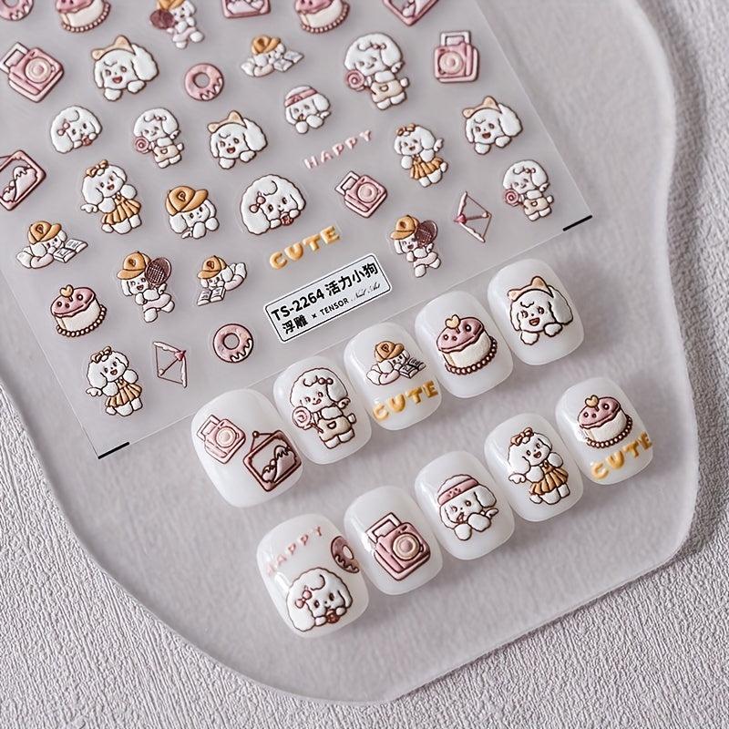 5D Embossed Dog Nail Stickers Self Adhesive Animal Nail Decals Pink