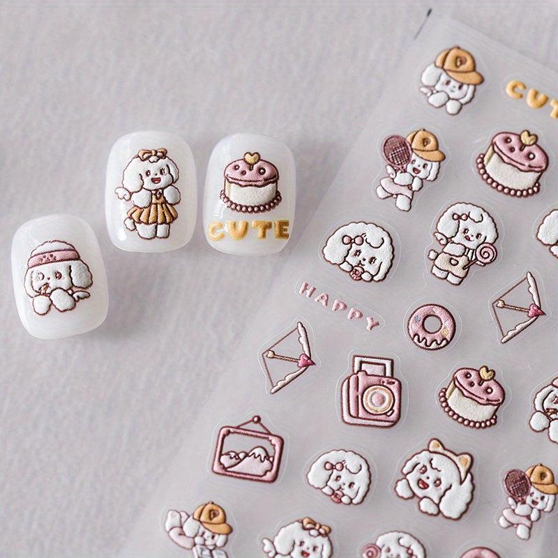 5D Embossed Dog Nail Stickers Self Adhesive Animal Nail Decals Pink