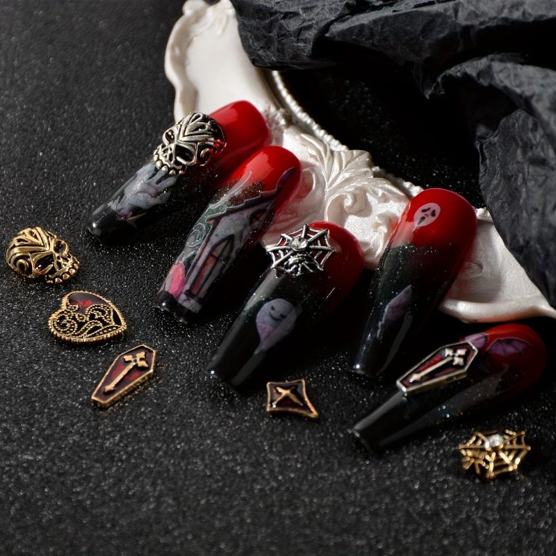 60pcs Halloween Nail Art Charms 3D Alloy Skull Cross Coffin Spider Nail Gem Kit