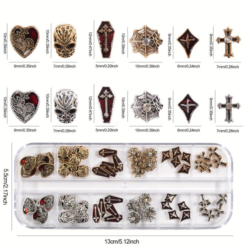 60pcs Halloween Nail Art Charms 3D Alloy Skull Cross Coffin Spider Nail Gem Kit