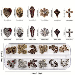 60pcs Halloween Nail Art Charms 3D Alloy Skull Cross Coffin Spider Nail Gem Kit