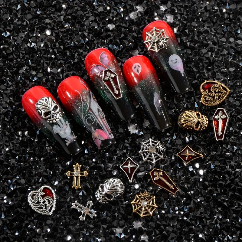 60pcs Halloween Nail Art Charms 3D Alloy Skull Cross Coffin Spider Nail Gem Kit