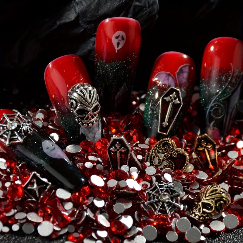 60pcs Halloween Nail Art Charms 3D Alloy Skull Cross Coffin Spider Nail Gem Kit