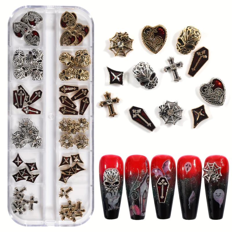 60pcs Halloween Nail Art Charms 3D Alloy Skull Cross Coffin Spider Nail Gem Kit