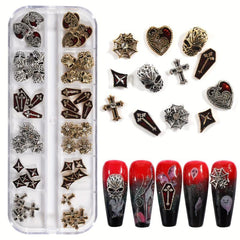 60pcs Halloween Nail Art Charms 3D Alloy Skull Cross Coffin Spider Nail Gem Kit