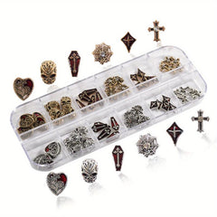 60pcs Halloween Nail Art Charms 3D Alloy Skull Cross Coffin Spider Nail Gem Kit