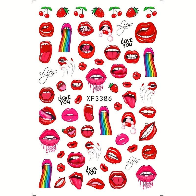 12pcs Sexy Red Lip Cartoon Nail Art Stickers Self Adhesive Decals