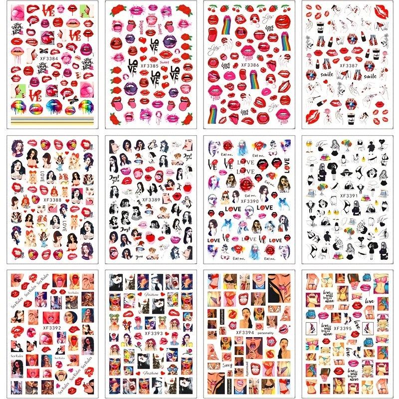 12pcs Sexy Red Lip Cartoon Nail Art Stickers Self Adhesive Decals