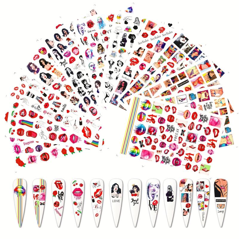 12pcs Sexy Red Lip Cartoon Nail Art Stickers Self Adhesive Decals