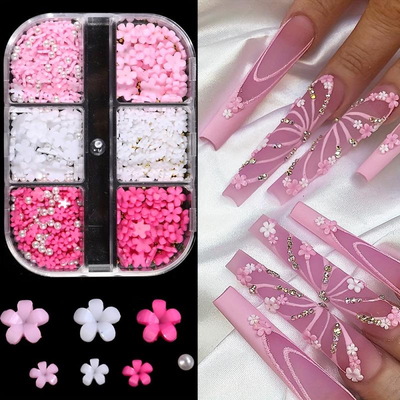 Acrylic Resin Flower 3D Nail Art Charms Golden Beads Caviar Pearl