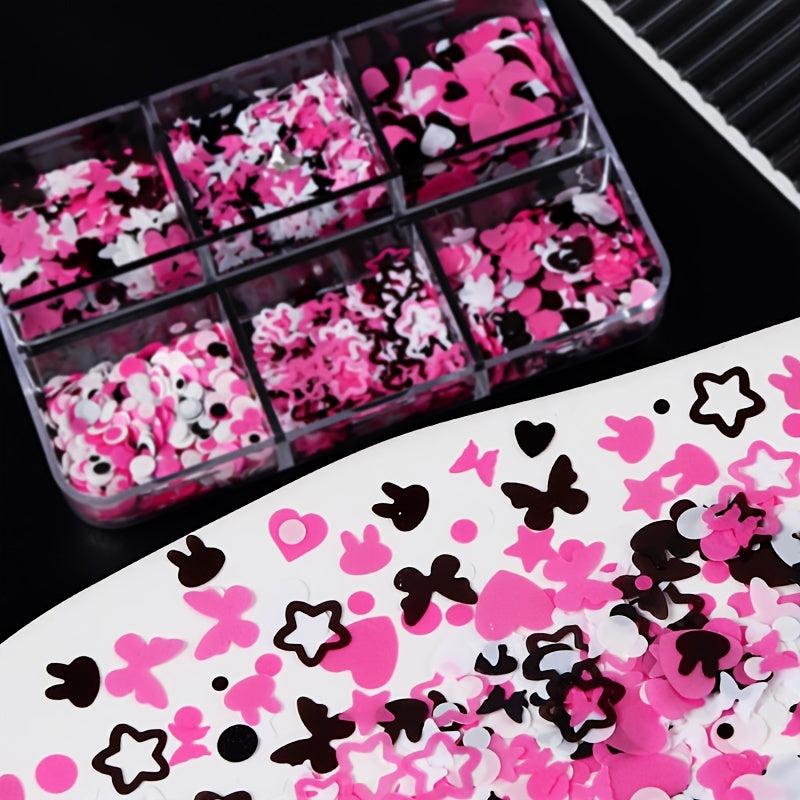 6 Grids Pink Nail Sequins Set Retro Charms Manicure Supplies
