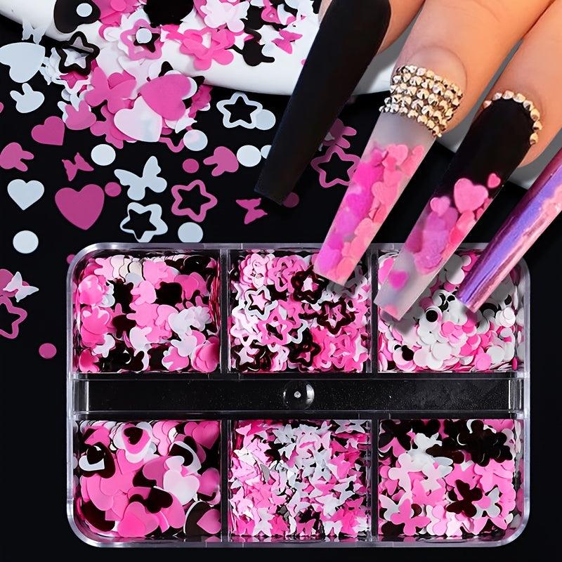 6 Grids Pink Nail Sequins Set Retro Charms Manicure Supplies