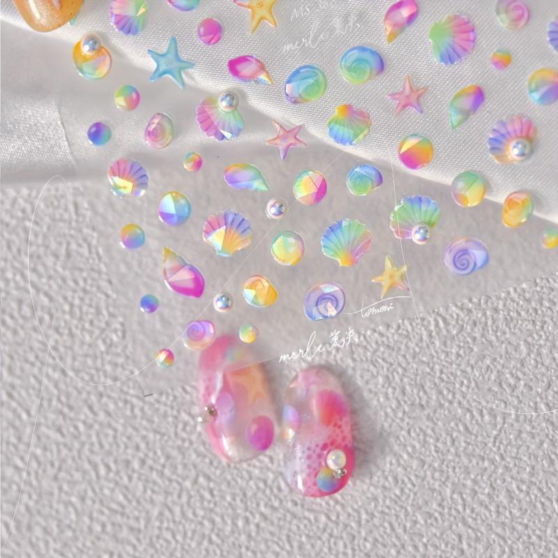 5D Embossed Nail Art Stickers with Pearls & Aurora Shell - DIY Nail Decor