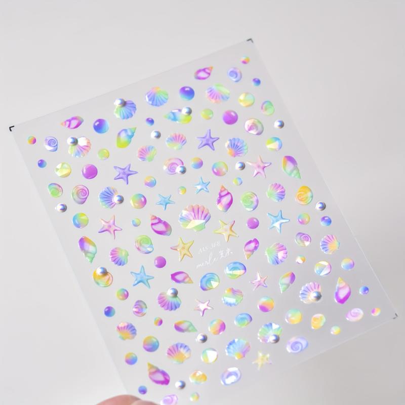 5D Embossed Nail Art Stickers with Pearls & Aurora Shell - DIY Nail Decor