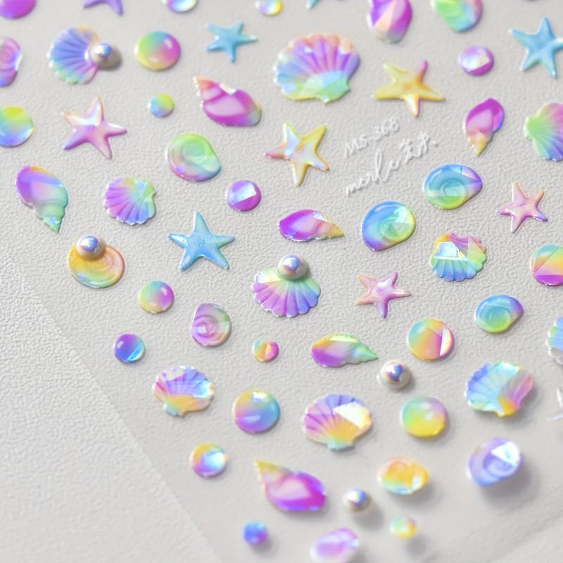 5D Embossed Nail Art Stickers with Pearls & Aurora Shell - DIY Nail Decor