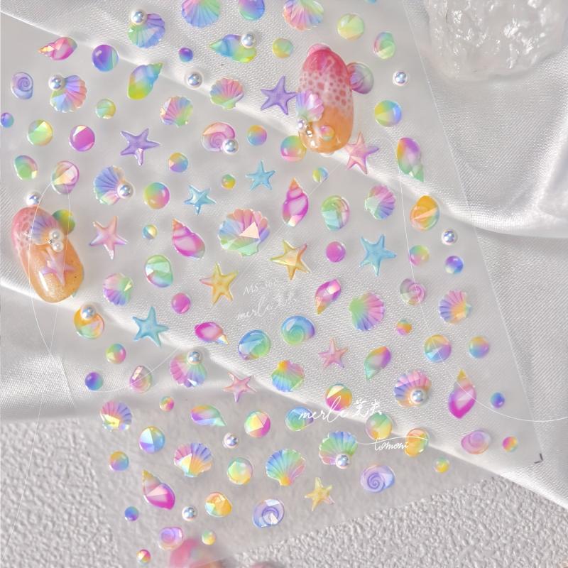 5D Embossed Nail Art Stickers with Pearls & Aurora Shell - DIY Nail Decor