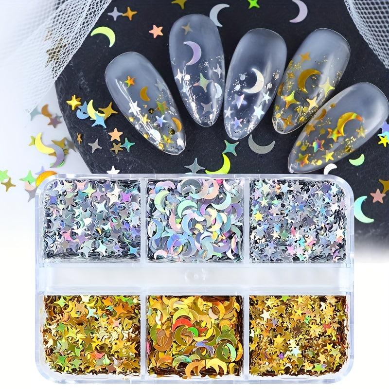 Moon Star Nail Glitter Sequins 3D Nail Art Decor Holographic Stars Moon Shape