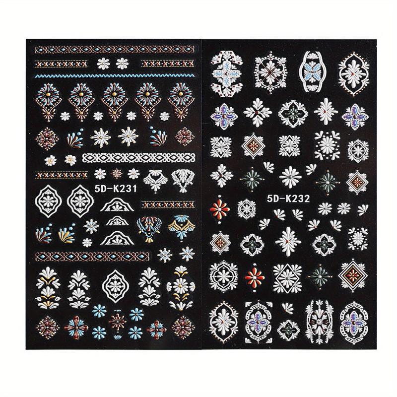 Boho Nail Stickers Floral Embossed Acrylic Relief Sliders and Manicure Decals