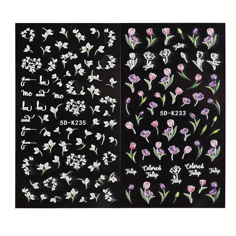 Boho Nail Stickers Floral Embossed Acrylic Relief Sliders and Manicure Decals