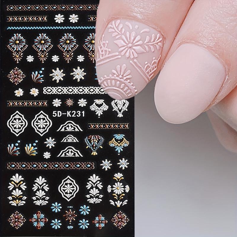 Boho Nail Stickers Floral Embossed Acrylic Relief Sliders and Manicure Decals