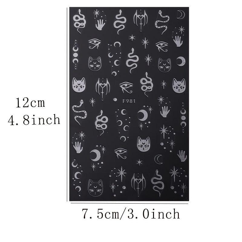 6Pcs Bronzing Nails Art Stickers Silver Star Moon Sun Cloud Snake Nail Decals