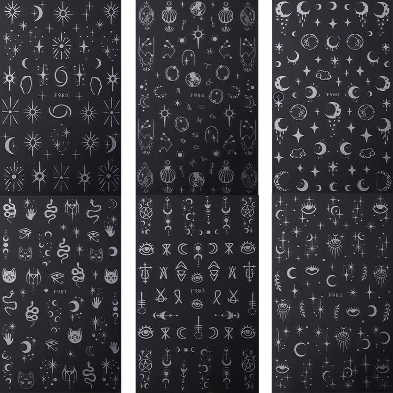 6Pcs Bronzing Nails Art Stickers Silver Star Moon Sun Cloud Snake Nail Decals